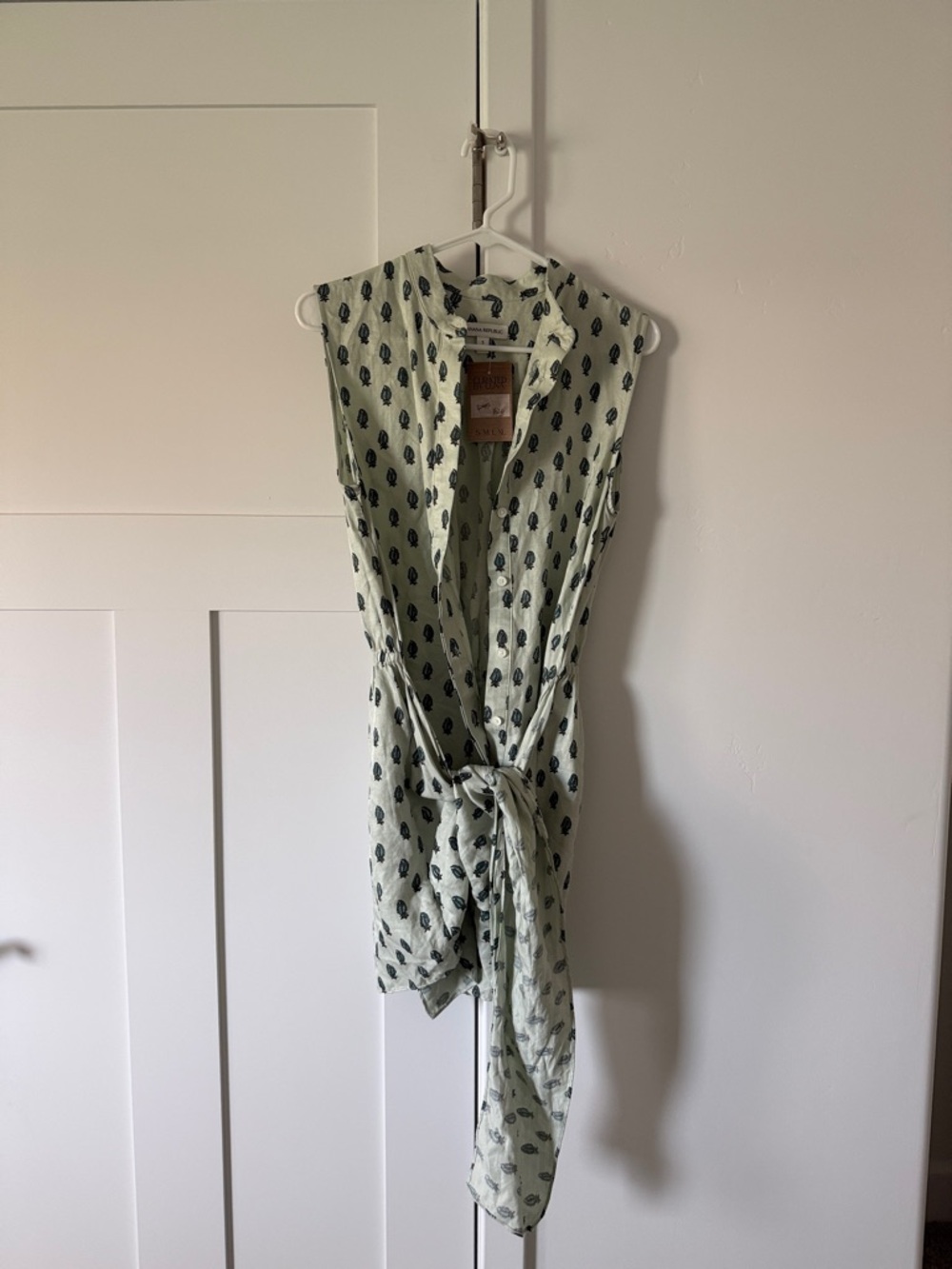 Banana Republic Pale Green Sleeveless Printed Tie-Waist Dress